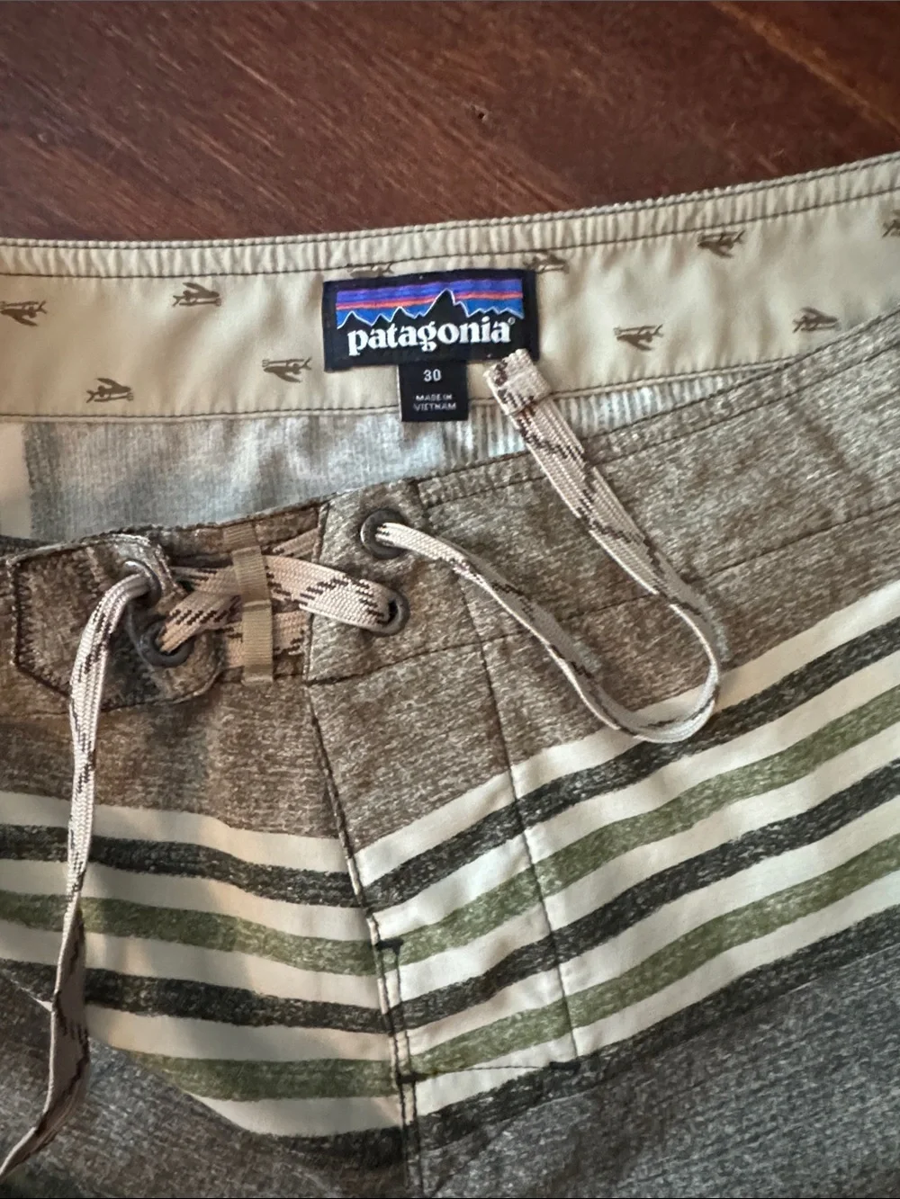 Patagonia Olive Gray Striped Men's Board Shorts